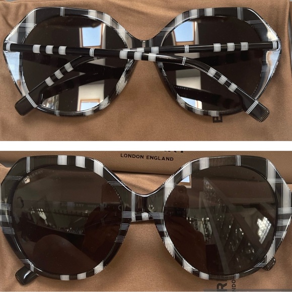 BURBERRY OVERSIZED BLACK AND WHITE CHECK PATTERN SUNGLASSES - Picture 16 of 16